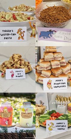 several pictures of different food items displayed on a buffet table, including sandwiches and other foods