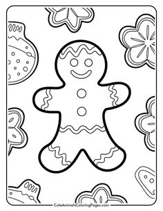 a black and white image of a coloring page with a gingerbread man on it