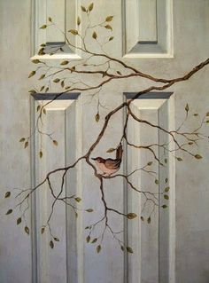 a painting of a bird perched on a tree branch with two doors in the background