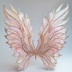 a pink and white butterfly sculpture sitting on top of a table