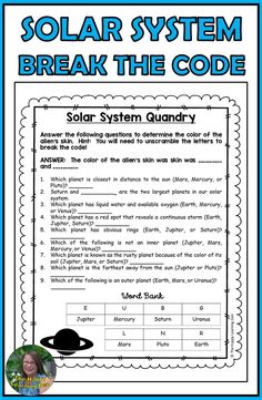 the solar system break the code worksheet for students to practice their reading skills