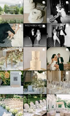 a collage of wedding pictures with white flowers and greenery on the table, in black and white