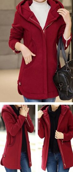 Wine Red Hooded Collar Zipper Up Curved Coat. Red Coat, Red Jacket, Wine Red, Pretty Outfits, What To Wear, Cardigans, Winter Fashion, Fall Outfits, Cool Outfits