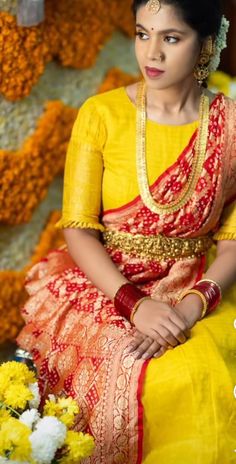 Yellow Half Saree For Haldi Bride, Saree Function, Pink Blouse Designs, Kids Party Wear Dresses, Half Sarees, Lehenga Designs Simple