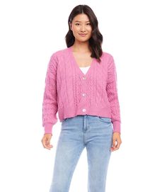 Richly textured yarns create a polished cable knit pattern over this cardigan sweater that is sure to become a wardrobe essential. Textured Yarn, Cable Stitch, Spring Sweater, Cardigan Outfits