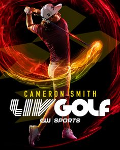 a man swinging a golf club on top of a black and red background with the words cameran's smith golf