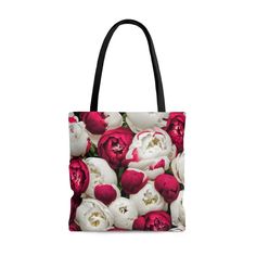 Red Peonies Tote, Red Peony Tote, Red Peony Tote Bag, Red Tote, Peony Tote Bag, Peony Tote, Peonies Tote, Flowers Tote Bag, Red Tote Bag This beautiful, high-quality tote bag is available in three sizes. An all over print and durable, soft materials combine comfort with style at whether you're at the beach or out in town. Created from my artwork, 'Red and White Peonies III'. * 100% Polyester -- Extremely strong and durable synthetic fabric that retains its shape and dries quickly * Boxed corners * Black inner stitching, transparent thread on hems. * Black cotton handles with reinforced stitching * Non-woven laminate inside, easy to clean * Small = 13" x 13", Medium = 16" x 16", Large = 18" x 18" Flowers Tote Bag, Red Peony, Flowers Tote, Red Tote Bag, Red Peonies, Red Tote, White Peonies, Synthetic Fabric, At The Beach