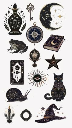 an assortment of decorative items on a white background with stars, moon and other objects