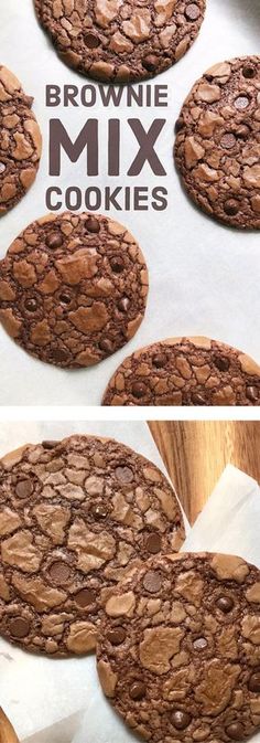 chocolate cookies are arranged on top of each other with the words brownie mix cookies above them