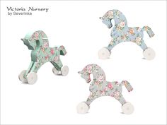 two wooden toy poodles are shown in three different colors and patterns, one is blue