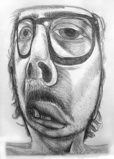 a pencil drawing of a man with glasses on his face and the nose is looking up