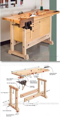 the plans for a workbench are shown in two different views, one with tools on it