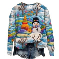 Patlollav Winter Womens Christmas Tops Round Neck Long Sleeve Loose Fitting Sweater Size: XL.  Color: Black.  Gender: female.  Age Group: adult. Colorful Snowman, Christmas Colorful, Ugly Christmas Sweater Women, Christmas Sweaters For Women, Round Neck Shirt, Boyfriend Jean, Estilo Chic, Holiday Sweater, Pullover Shirt