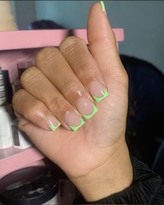 #acrylic #spring2024 #nailfashion #blackgirlnails #blackgirl #minimalist #nailtrends #nailart #viralpost #nailidea #nailinspo #frenchtips #chromenails #3dnails Lime Green And Pink French Tip Nails, French Tip Nails Short Color, Green French Tips With Design, Short Green French Tip Acrylic Nails, Green Shorties Nails, Short Green Square Acrylic Nails, Like Green French Tip, Green Overlay Nails, Short Nail Inspo Green