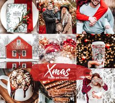 christmas collage with red and white photos, coffee mugs, cookies, candy canes