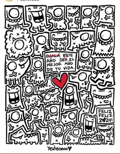 an image of a black and white drawing with red heart in the center, surrounded by other doodles