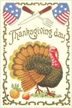 a happy thanksgiving card with a turkey and two forks on it's head, in the background is an american flag