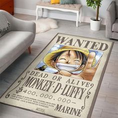 a living room area rug with an image of one piece of the same character on it