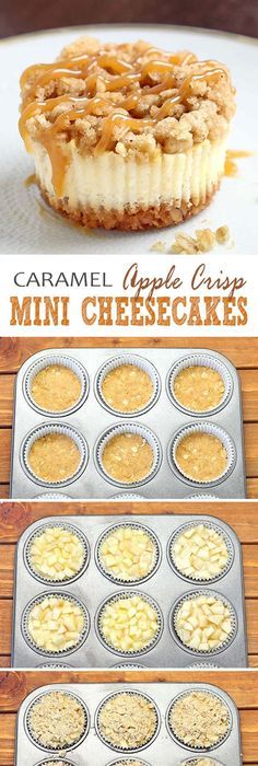 mini cheesecakes with caramel topping on top and in the middle, sitting on a plate