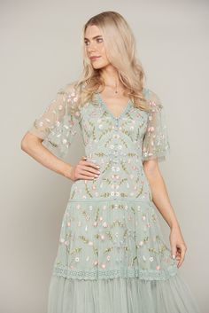 Wildflower Embroidered Wedding Dress, Floral Overlay Dress, Embroidered Green Dress, Sage Green Embroidered Dress, High Neck Floral Dress, Sage Green Mother Of The Bride Dresses, Embroidered Wedding Guest Dress, Boho Dress Wedding Guest, Sage Green Dresses Formal