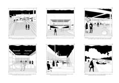 six black and white photographs of people walking in an open space with skylights above them