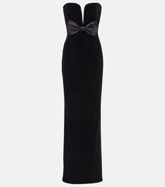 Bow-detail strapless velvet gown in black - Alessandra Rich | Mytheresa Rich Clothes, Boned Corsets, Black Attire, Velvet Gown, Alessandra Rich, Satin Pumps, Designing Women, Stylish Outfits, Dress Outfits