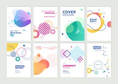 a set of brochures with abstract shapes and lines on the cover design templates for an annual report