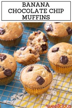 banana chocolate chip muffins on a cooling rack with text overlay that reads, banana chocolate chip muffins