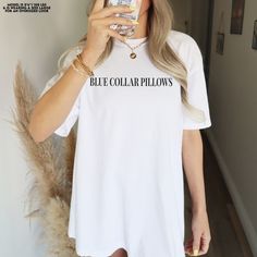 "This trendy blue collar pillows shirt would be so cute for any blue color SO! Style this trendy shirt with some shorts for an easy, cute outfit!   MODEL IS 5'4\" + 105 lbs AND SHE IS WEARING A SIZE LARGE IN ALL PHOTOS, PLEASE SIZE UP 1-3 SIZES FOR AN OVERSIZED FIT ☻ THIS IS A PHYSICAL ITEM! ☻ * 100% cotton shirt * Adult Unisex, relaxed fit * Medium weight fabric (6.1 oz/yd²) * Comfort Colors® brand * Garment-dyed ☻ SIZING ☻ PLEASE CHECK THE SIZE CHART IMAGE TO HELP YOU CHOOSE THE BEST FIT!  MODEL IS 5'4\" + 105 lbs AND SHE IS WEARING A SIZE LARGE IN ALL PHOTOS, PLEASE SIZE UP 1-3 SIZES FOR AN OVERSIZED FIT WE DO NOT ACCEPT EXCHANGES, RETURNS OR CANCELLATIONS. Once an order is received it goes straight into production and we are unable to cancel orders or make changes.  ☻ CARE INSTRUCTIONS Blue Collar Wife, Bachelorette Cocktails, Engineer Shirt, Girlfriend Shirts, Funny Tshirt, Comfort Colors Shirt, Collar Tshirt, Trendy Shirts, Cute Outfit