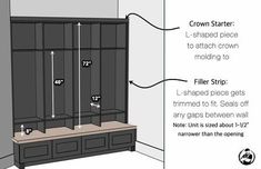 the measurements for an entryway bench and storage area are shown in this diagram below