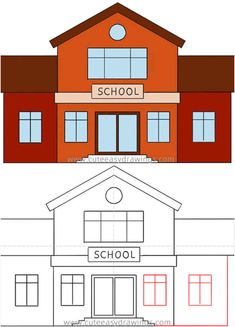 the front and side views of a school building with two windows, one on top of the