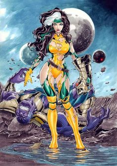 a painting of a woman in yellow and green costume standing next to a giant alien