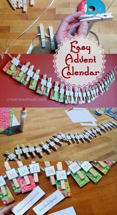 an easy calendar made out of clothes pegs on the floor with scissors and tape