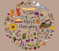 happy thanksgiving greeting card with hand drawn doodles and autumn items in the shape of a circle