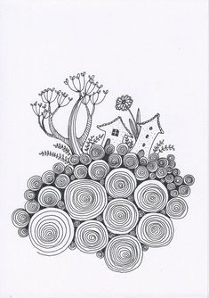 a black and white drawing of flowers in the middle of a pile of spirals