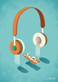 an illustration of headphones and a surfboard on a blue background, with the image of a person laying in the water