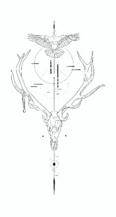 a deer skull with an eagle on it's head and arrows pointing to the right