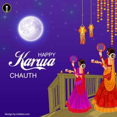 happy karwa chauthi with two women in colorful dresses on the balcony