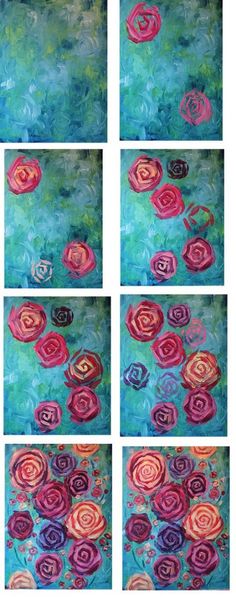 four paintings of different flowers on a blue background with green and pink colors, each painted in acrylic paint