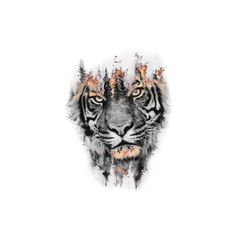 a tiger's face with orange and black paint splattered on it, in front of a white background