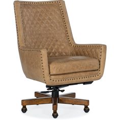 a brown leather office chair with wheels and studded upholstered backrests