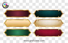 four different colored labels with gold trims on the bottom, one is red and one is green