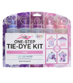 the tie dye kit is packaged in purple and white packaging with four different colors on it