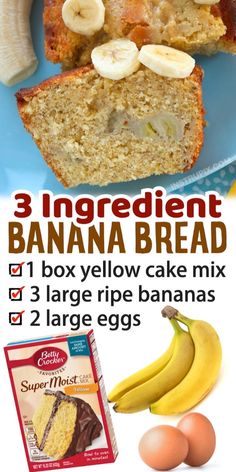 three ingredient banana bread is shown on a blue plate