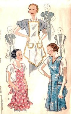 two women's dresses, one with an apron and the other with short sleeves