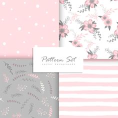 a pink and grey floral pattern set with white polka dots on the bottom right corner