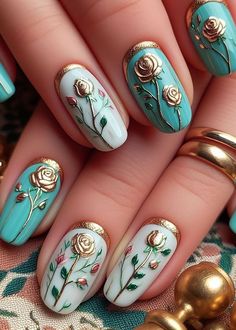 #Rose #Nail #Art #Design Fairy Tale Tattoo, Picasso Nails, Aqua Nails, Abstract Rose, Aqua Rose, Turquoise Nails, Rose Nail Art, Shades Of Violet, Dotting Tool