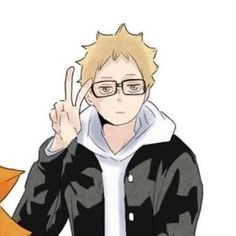 an anime character with glasses and a hoodie making the peace sign while holding up his hand