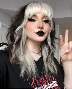 Color Melt With Bangs, Edgy Blonde And Brown Hair, Cow Hair Dye, Alt Black And White Hair, Black With White Tips Hair, Platinum Bangs With Black Hair, Blonde Section In Black Hair, Alt Goth Hairstyles, Halo Hair Highlights