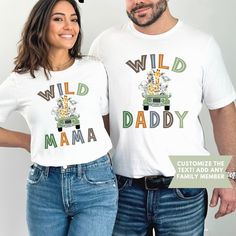 a man and woman wearing matching tshirts with the words wild mamma on them